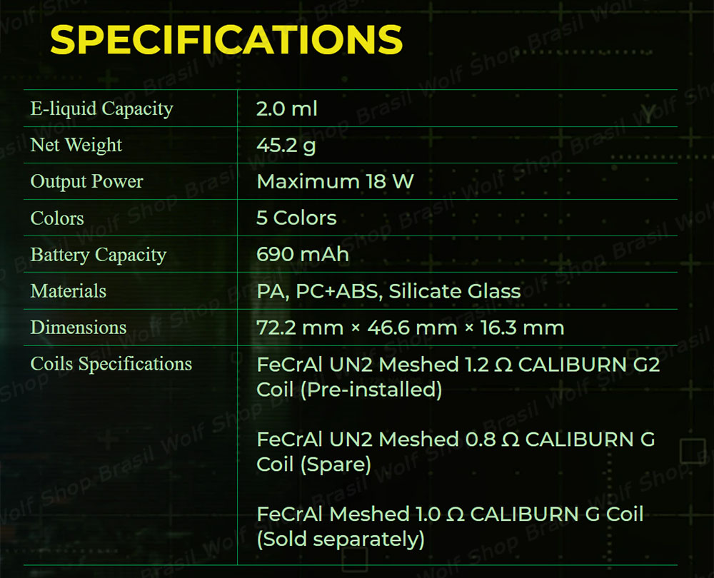 Especificações Pod System UWELL CALIBURN GK2 na Wolf Shop Brasil