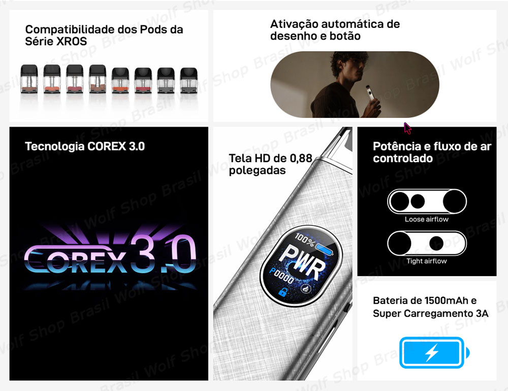 Features Pod System Vaporesso XROS 5 na Wolf Shop Brasil